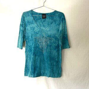 Sledge Y2K Tie Dye V Neck Bling Top L Turquoise